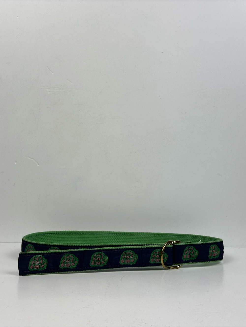 Turtle Pattern Ribbon Belt Brass D-Ring Navy Blue Green